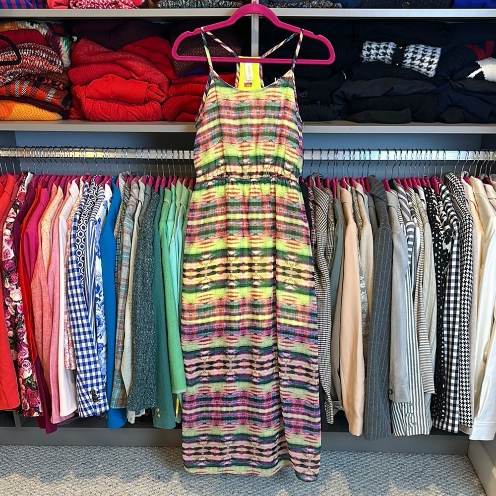No Boundaries fluorescent yellow/pink/green print spaghetti strap dress size S